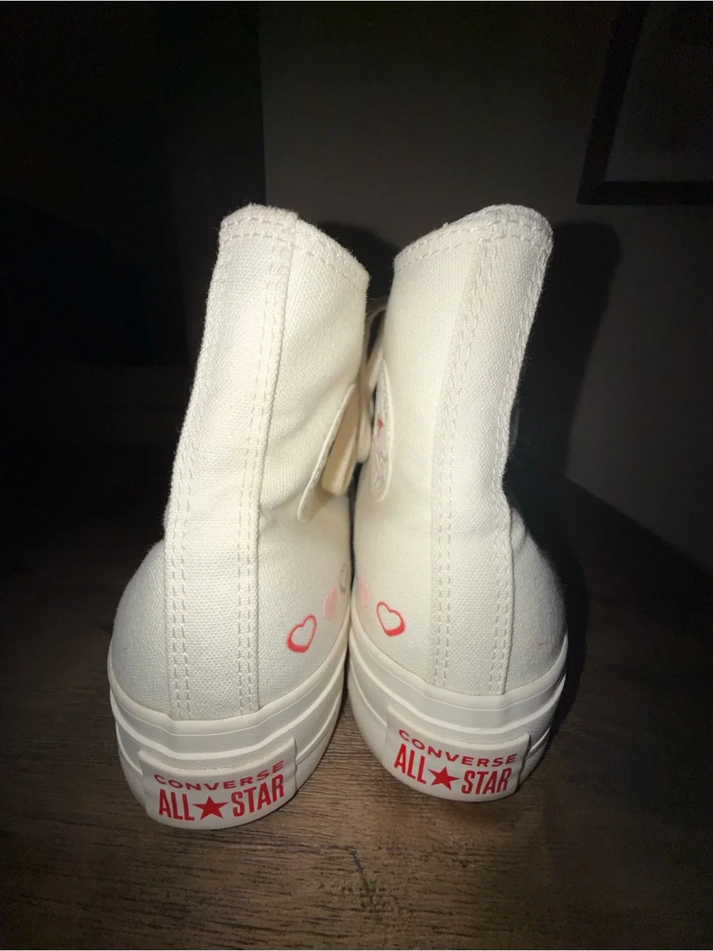 Converse White High Top Sneakers with Pink Heart Accents